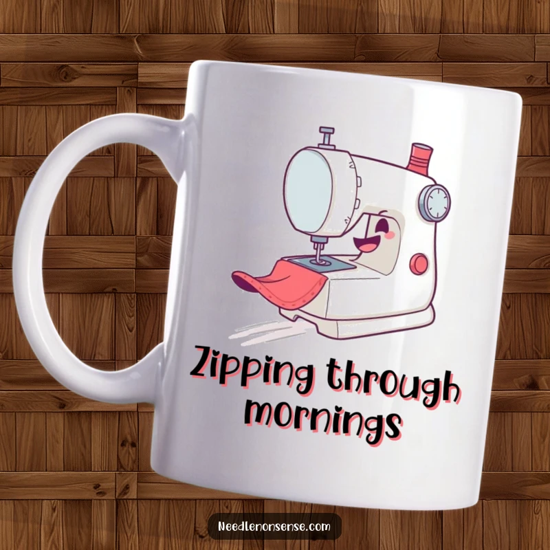 Funny Mug: A mischievous sewing machine character gleefully zooms across fabric, needle a blur, radiating playful energy.