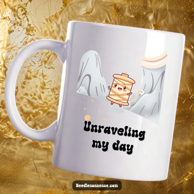 Funny mug featuring a happy spool of thread character joyfully zipping across a vibrant fabric landscape, symbolizing speed.