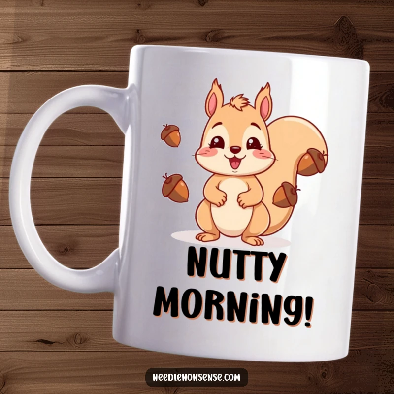 Funny kawaii squirrel happily juggling acorns with a wide, surprised expression, perfect for a coffee mug.