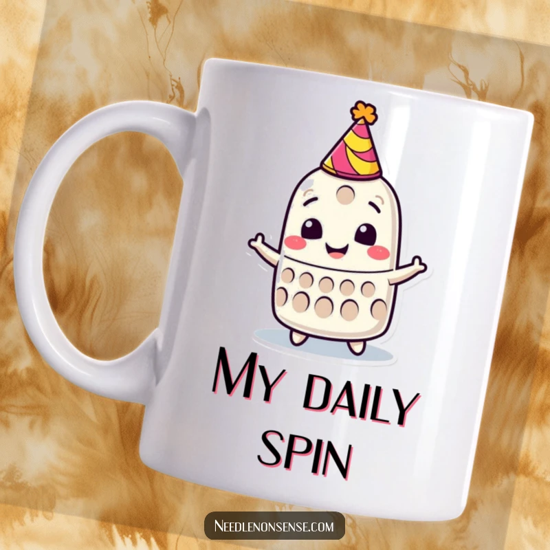 Funny mug featuring a smiling thimble character joyfully spinning while wearing a tiny party hat, celebrating fun.