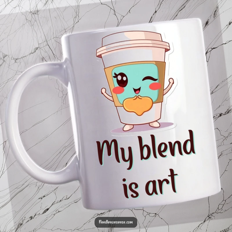 Funny mug featuring a winking coffee cup character proudly showcasing a vibrant and colorful abstract design, radiating cool confidence.