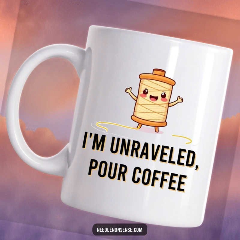 Funny thread spool character mug, joyfully unspooling its thread with excitement across a surface, perfect for crafters.