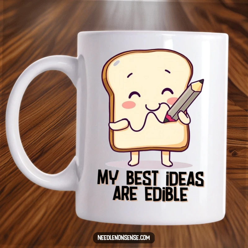 Funny Mug featuring a smiling toast character enthusiastically drawing a squiggle with a giant pencil, conveying artistic joy and humor.