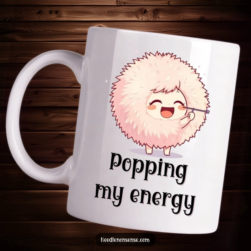 Funny mug featuring a joyful character playfully poking a large pom-pom with a sewing needle, conveying curiosity and fun.