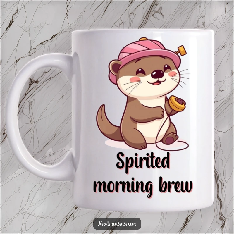 Funny Otter Sewing Mug, featuring a playful otter wearing a sewing spool as a hat, happily spinning.