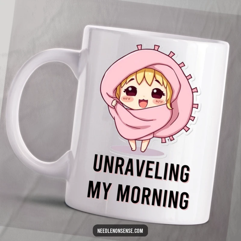 Funny mug with a curious fabric swatch character excitedly unfurling, representing exploration and creativity.