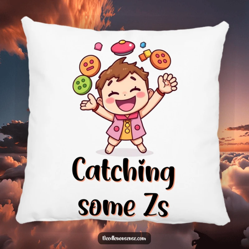 Funny pillow featuring a happy character skillfully juggling colorful buttons, adding a touch of playful crafting humor to any room.