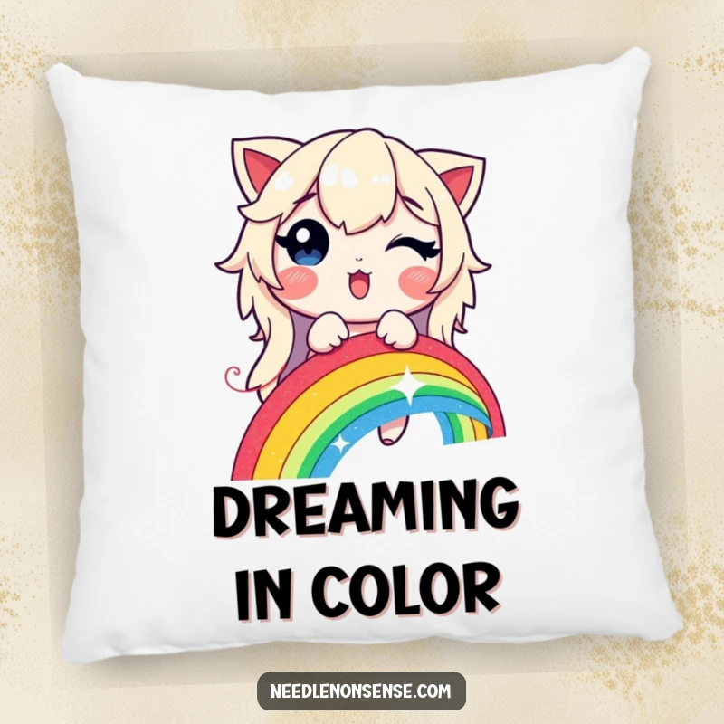 Funny, soft pillow featuring a delighted character stitching a vibrant, glowing rainbow with a shimmering thread.