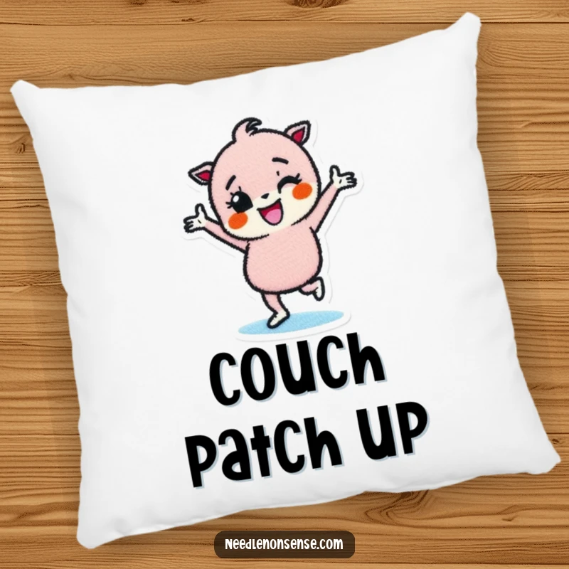 Funny pillow featuring a determined fabric patch character dancing joyfully, providing comfort and a cheerful accent.