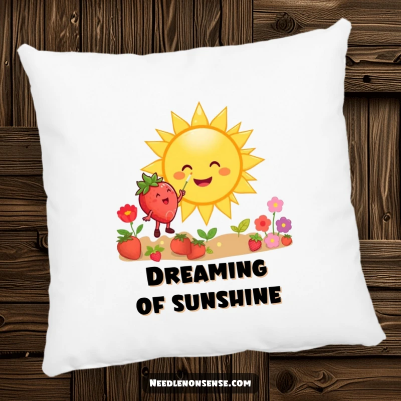 Funny pillow featuring a happy strawberry character painting a giant smiling sun, bringing cheerful artistic vibes to any space.