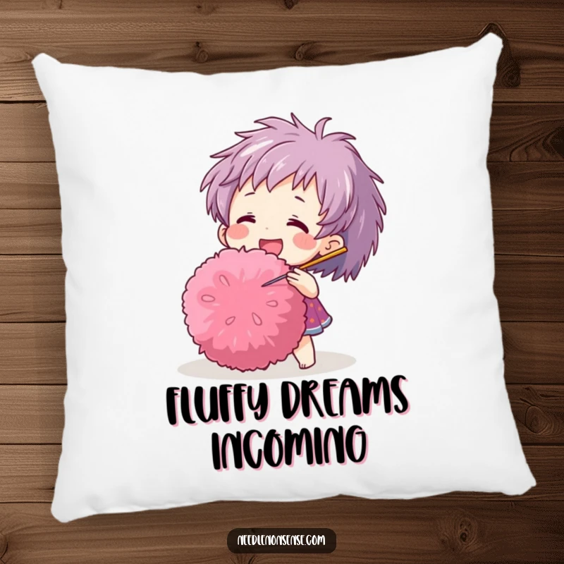 Funny pillow featuring a cheerful character playfully interacting with a large pom-pom using a needle, soft and humorous.