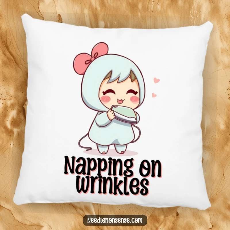 Funny pillow depicting a blushing character humorously ironing an air wrinkle, adding a comical touch to any seating area.