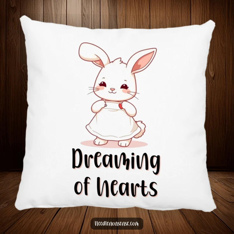 Funny playful bunny wearing a cute apron, stitching a tiny heart, a soft and humorous pillow for crafters.