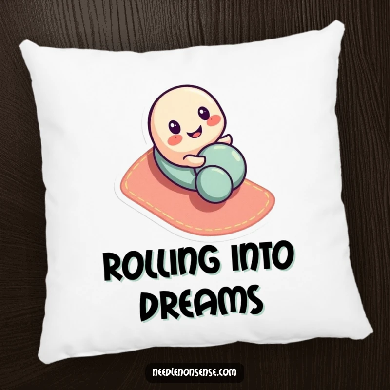 Funny button character pillow, playfully rolling down a fabric slope, offering soft comfort and cute, humorous appeal.