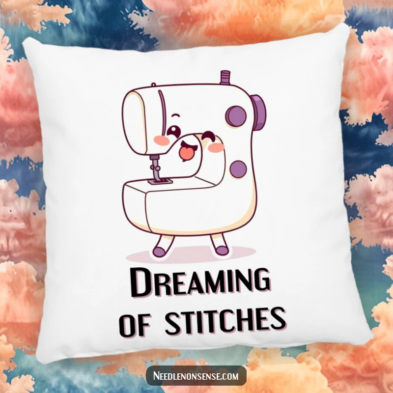 Funny Pillow featuring a happy sewing machine character dancing with enthusiasm, bringing comfort and humor.