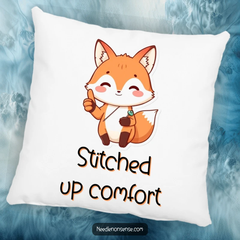 Funny Fox Sewing Pillow, featuring a happy fox with a sewing pin, giving a thumbs up, adding soft, crafty cheer.