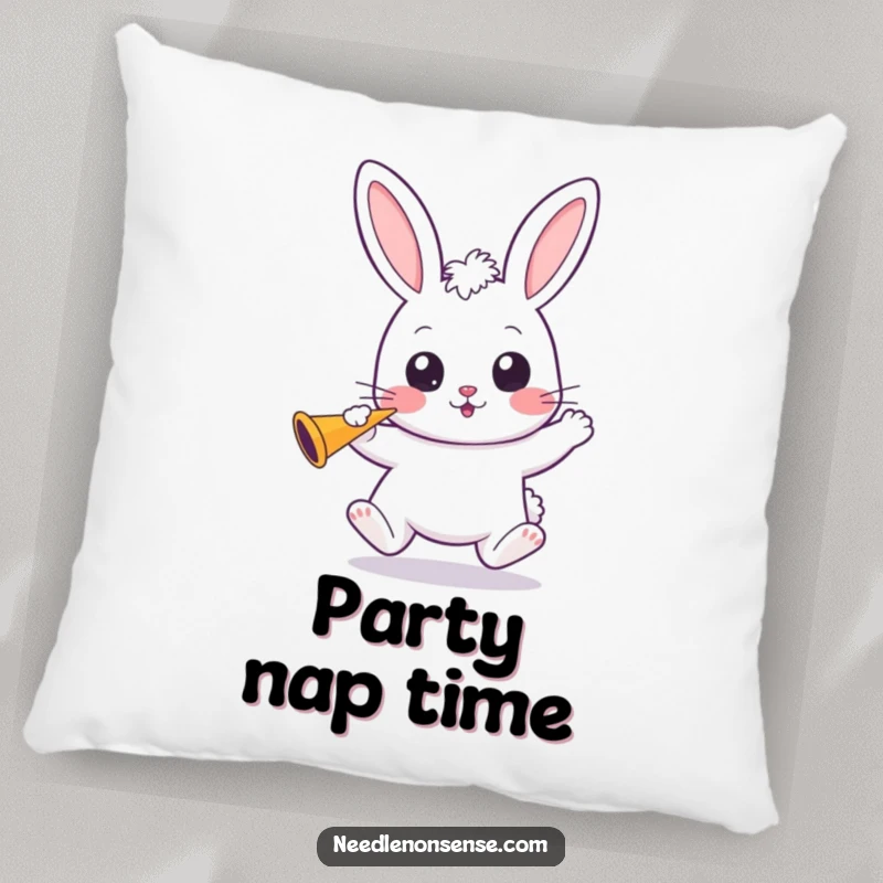 Funny Kawaii Bunny Pillow: A wide-eyed kawaii bunny bounces, holding a party horn, offering comfort and festive vibes.
