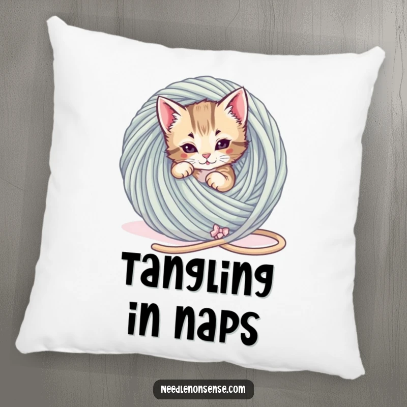 Funny Kitten Yarn Tangle Pillow, a playful kitten is tangled in a giant ball of yarn, funny cozy gift.