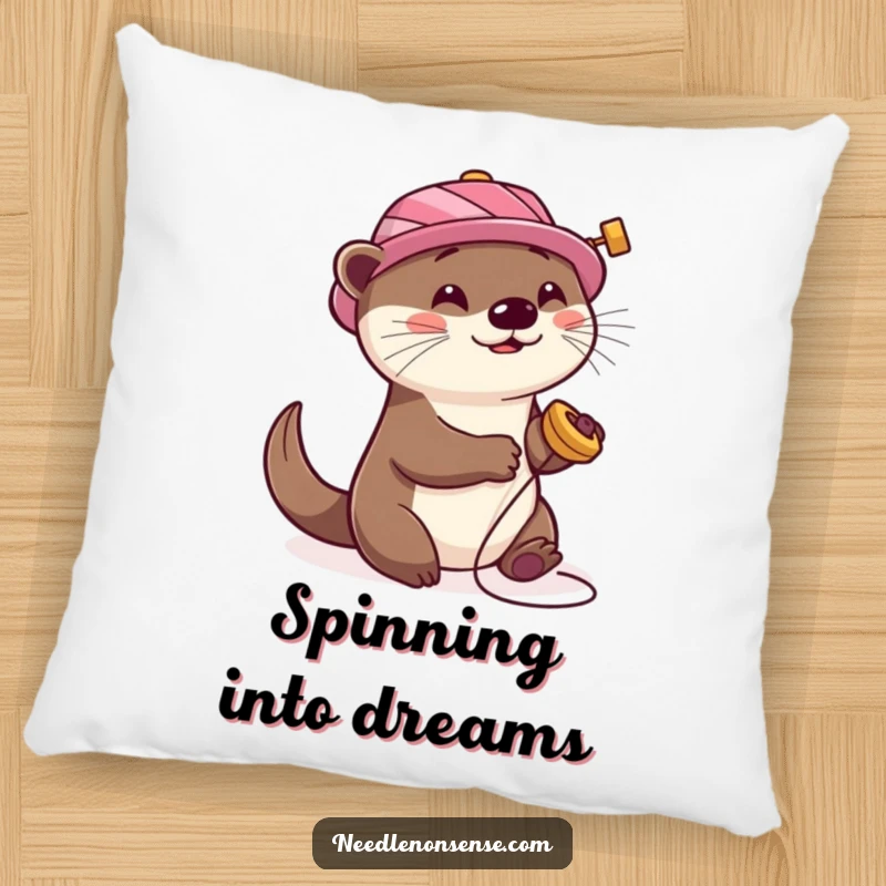 Funny Otter Sewing Pillow, featuring a playful otter with a sewing spool hat, happily spinning, adding soft, whimsical cheer.