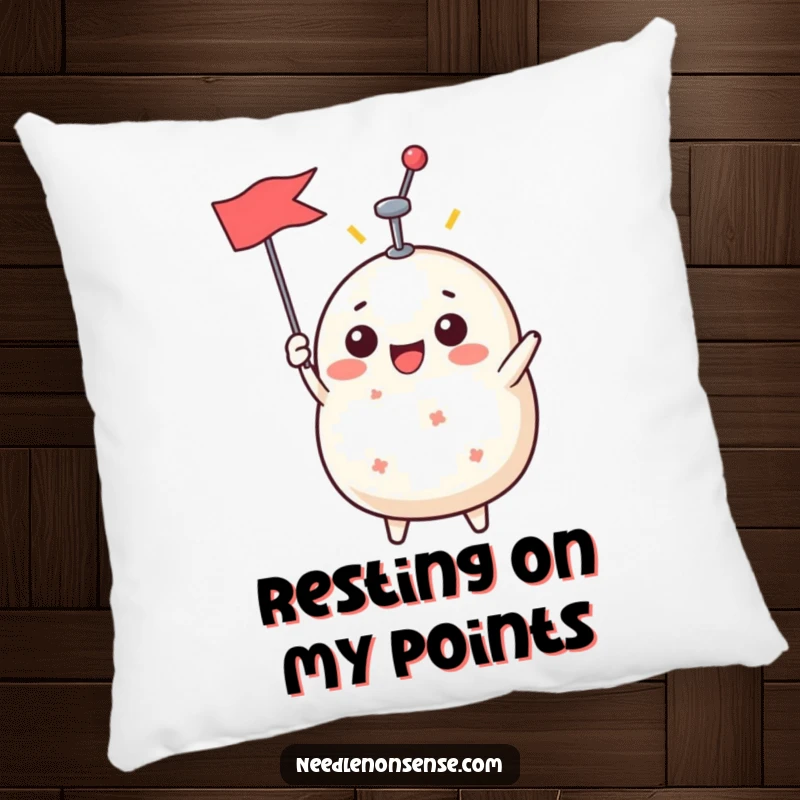 Funny Pillow featuring a beaming pin cushion character triumphantly holding a pin aloft like a flag, offering comfort and humor.