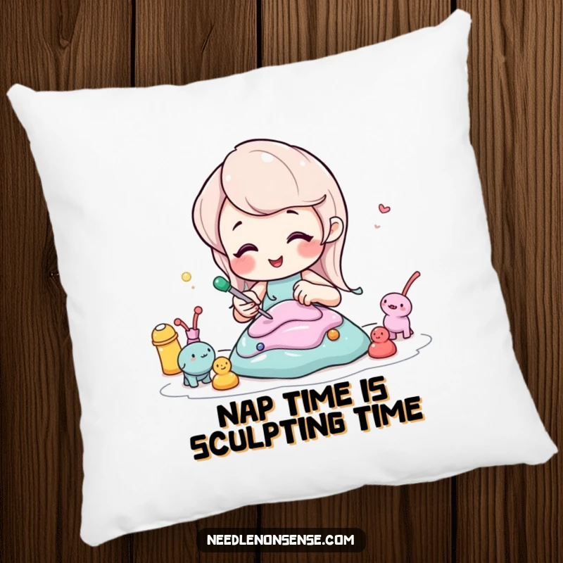 Decorative funny pillow featuring a bubbly soda character sculpting miniature art pieces, bringing comfort and artistic cheer.