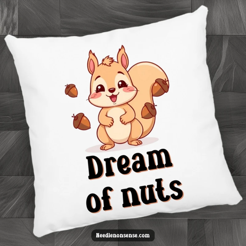 Funny kawaii squirrel juggling acorns with surprise, designed as a soft, humorous accent pillow.