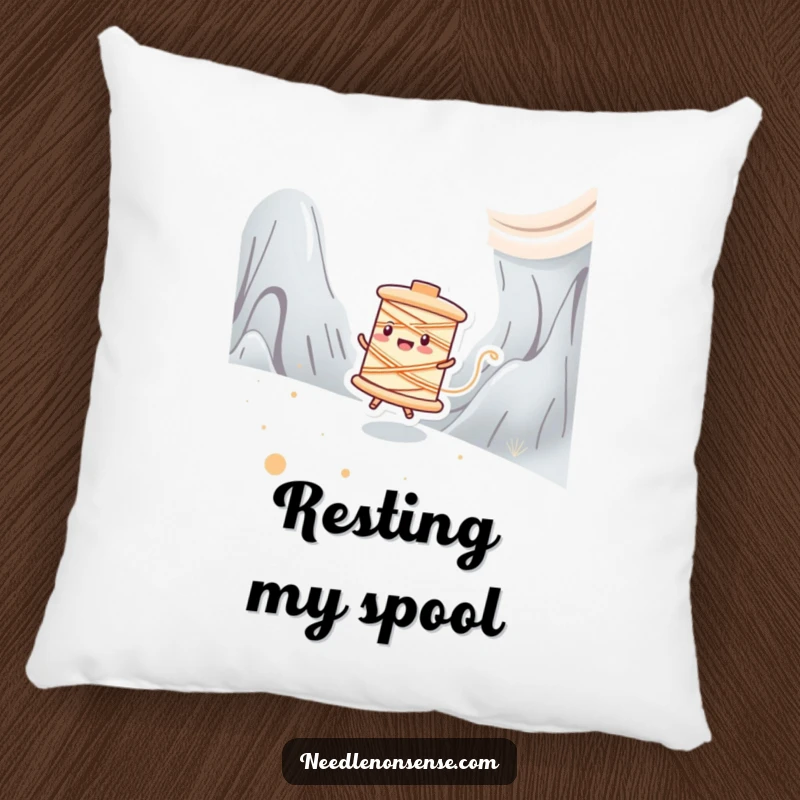 Funny pillow with a happy spool of thread character zipping across a fabric landscape, bringing crafting charm indoors.