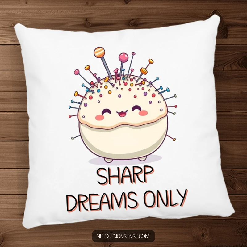 Funny pincushion character pillow, brimming with tiny, sparkling pins, offering soft comfort and cute, sewing-themed humor.