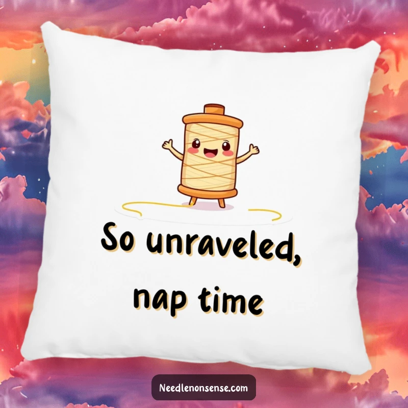 Funny thread spool character pillow, mid-unspooling motion, a soft and humorous decorative accent for crafters.
