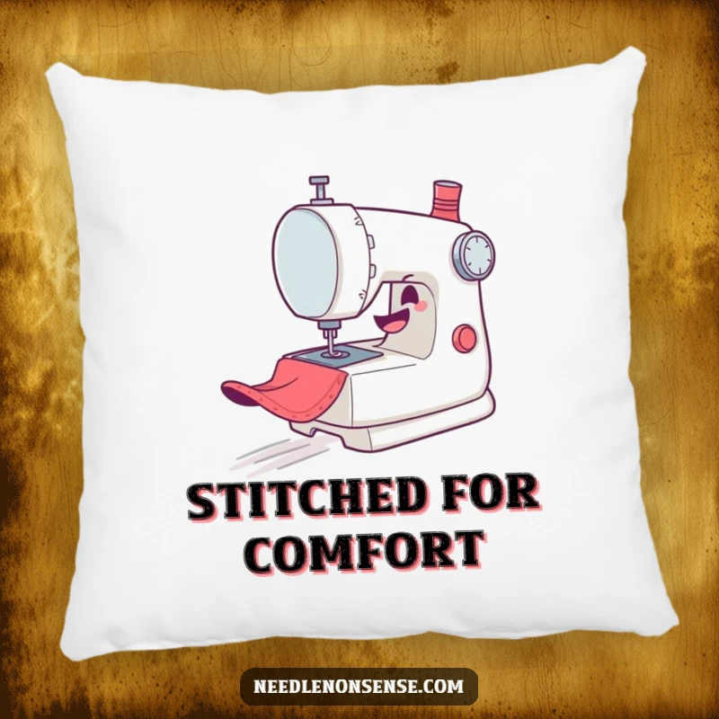 Funny Pillow: A comfortable cushion featuring a mischievous sewing machine character gleefully zooming across fabric, adding playful decor.