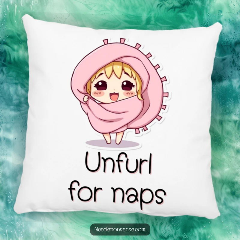 Funny pillow with a curious fabric swatch character excitedly unfurling, providing soft and whimsical comfort.