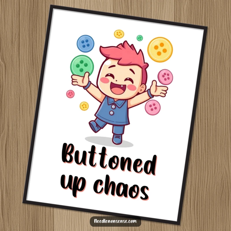 Funny digital art print of a cheerful character energetically juggling many colorful sewing buttons, suitable for printing at home.
