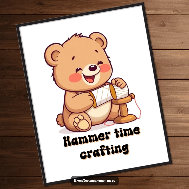 Funny Bear Sewing Digital Art Print, showing a jolly bear cub hammering a spool, wearing a thimble, ready to print and frame.
