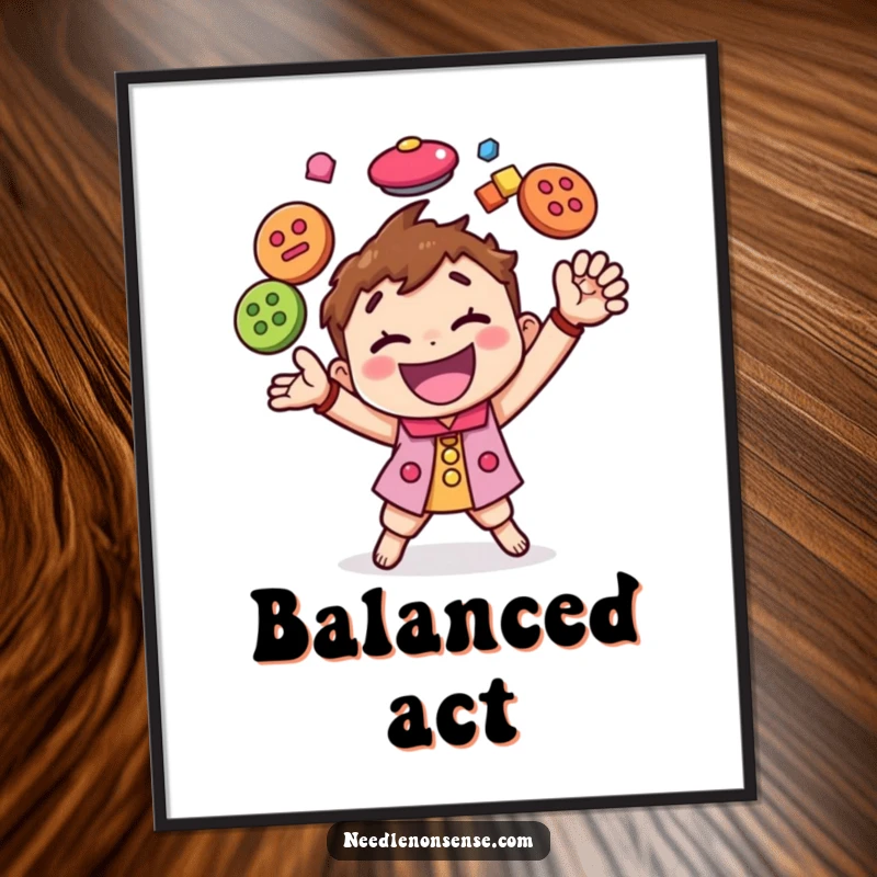 Funny digital art print of a happy character energetically juggling numerous colorful buttons, creating a lively and humorous visual display.