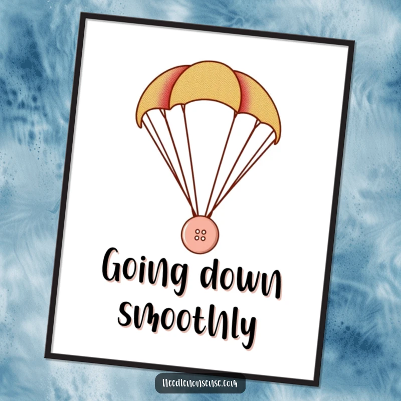 Funny Button Parachute Digital Art Print, a tiny button parachutes with a fabric swatch, funny wall art.