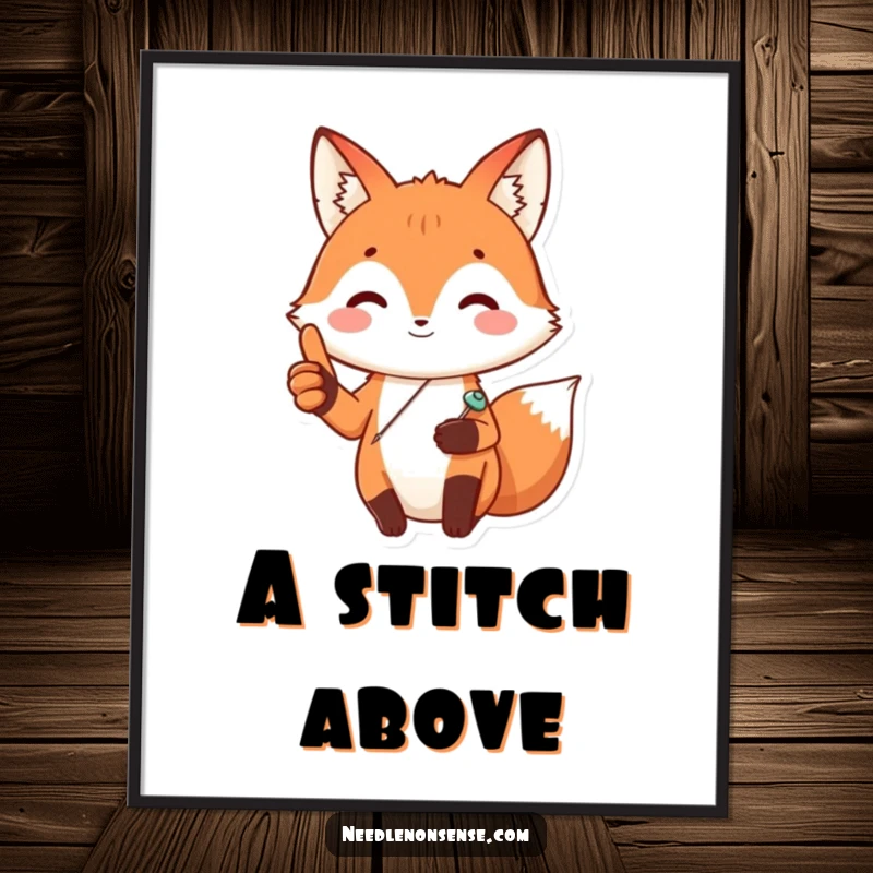 Funny Fox Sewing Digital Art Print, showing a happy fox with a sewing pin and a thumbs up, ready to print and frame.