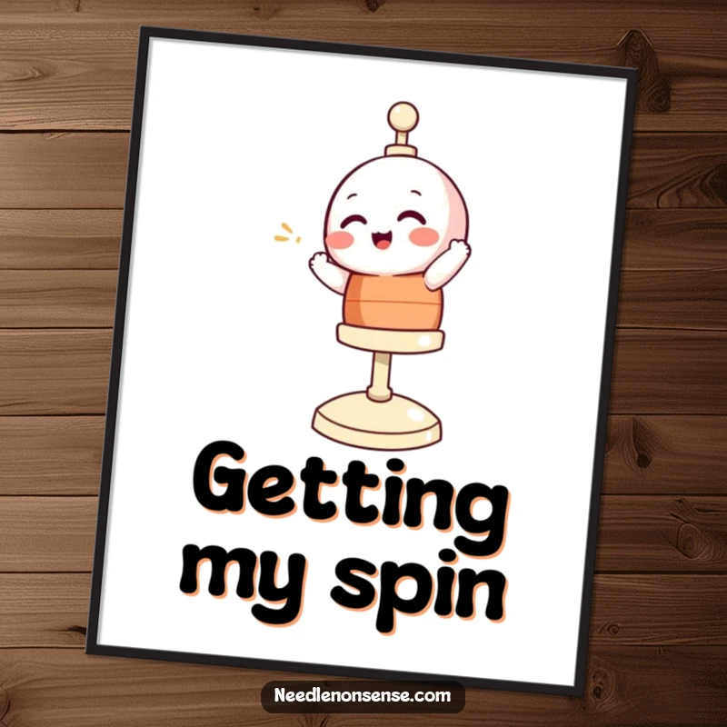 Funny digital art print of a giggling bobbin character spinning energetically, ideal for instant humorous home decor.