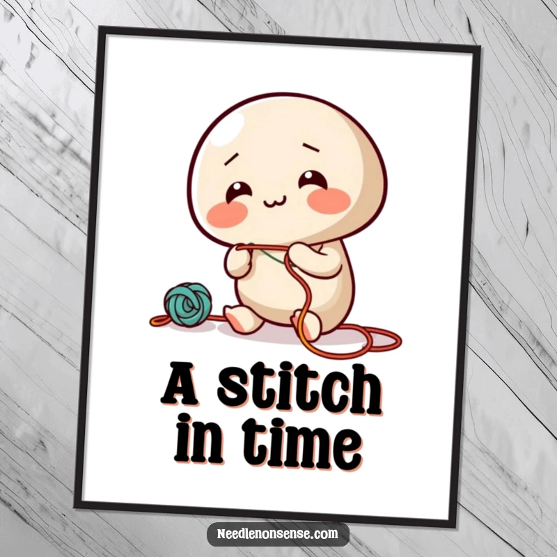 Funny digital art print of a giggling needle character enthusiastically threading colorful string, perfect for instant decor.