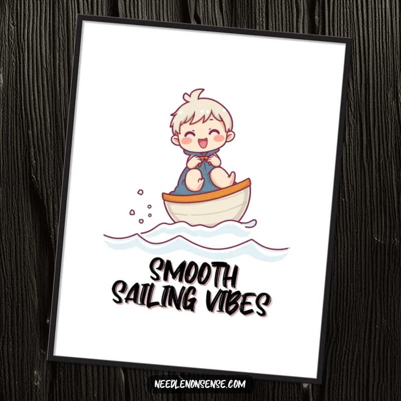 Funny digital art print of a giggling character joyfully sailing a thimble boat across fabric, creating an amusing and vibrant scene.