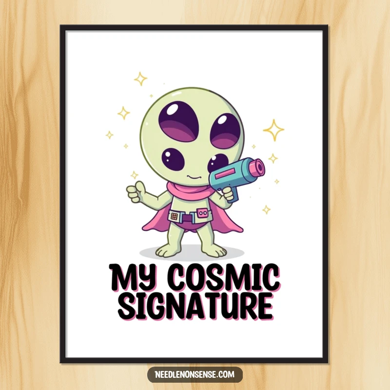 Funny kawaii alien waving a ray gun that shoots sparkles, a humorous and vibrant digital art print, perfect for instant wall decor.