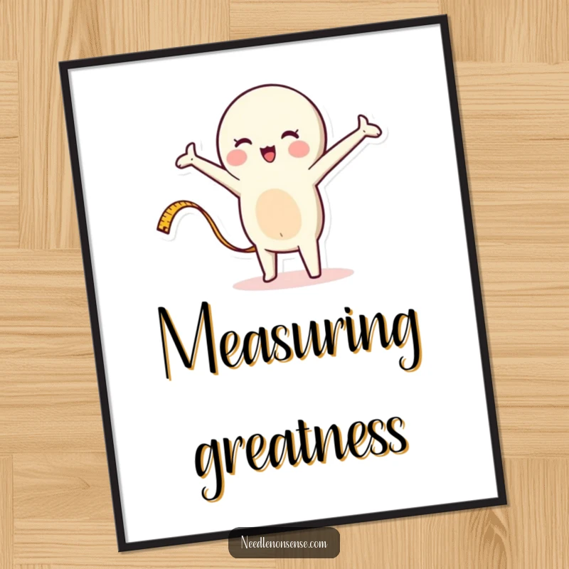 Funny digital art print of a whimsical measuring tape character stretching energetically, ideal for instant humorous DIY decor.