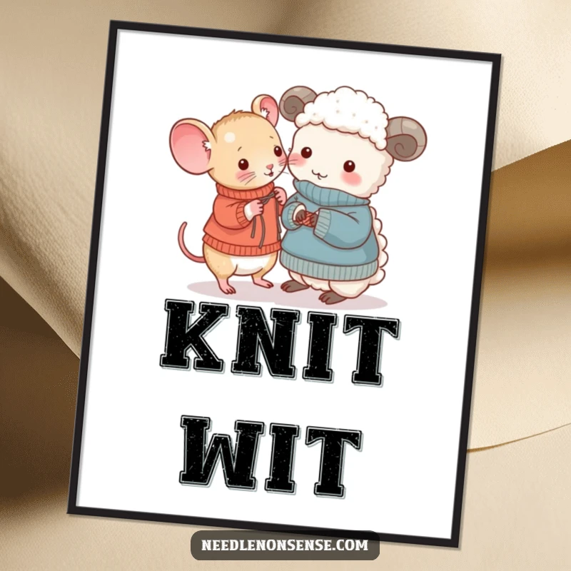 Funny Mouse and Sheep Knitting Digital Art Print, a tiny mouse knits a sweater for a large amused sheep, funny wall art.
