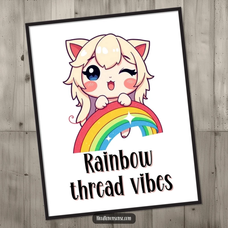 Funny, printable digital art of a delighted character stitching a vibrant, glowing rainbow with a shimmering thread.