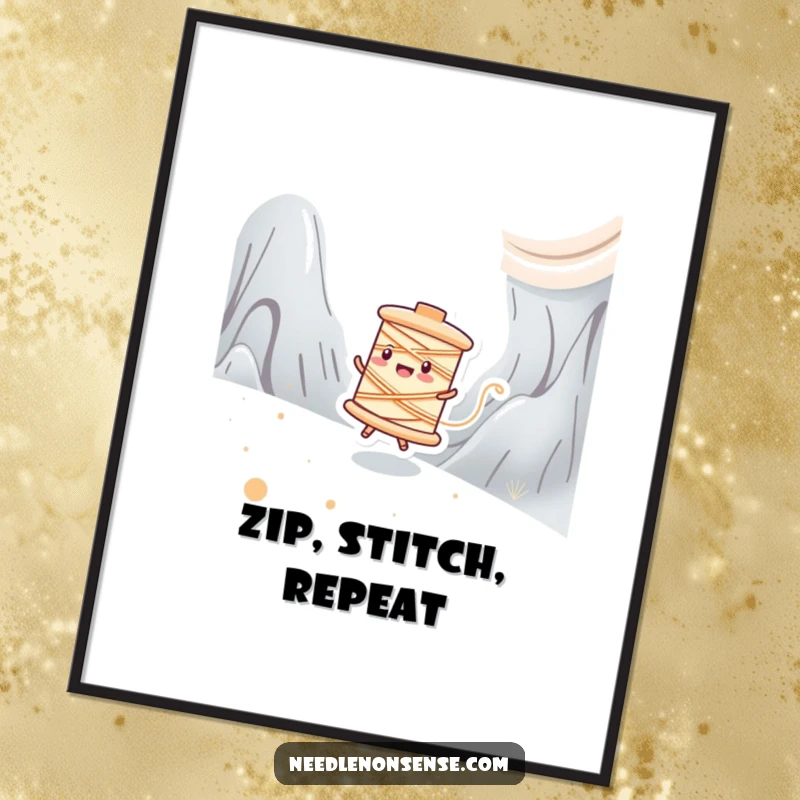 Funny digital art print of a happy spool of thread character joyfully zipping across a fabric landscape, symbolizing creation.