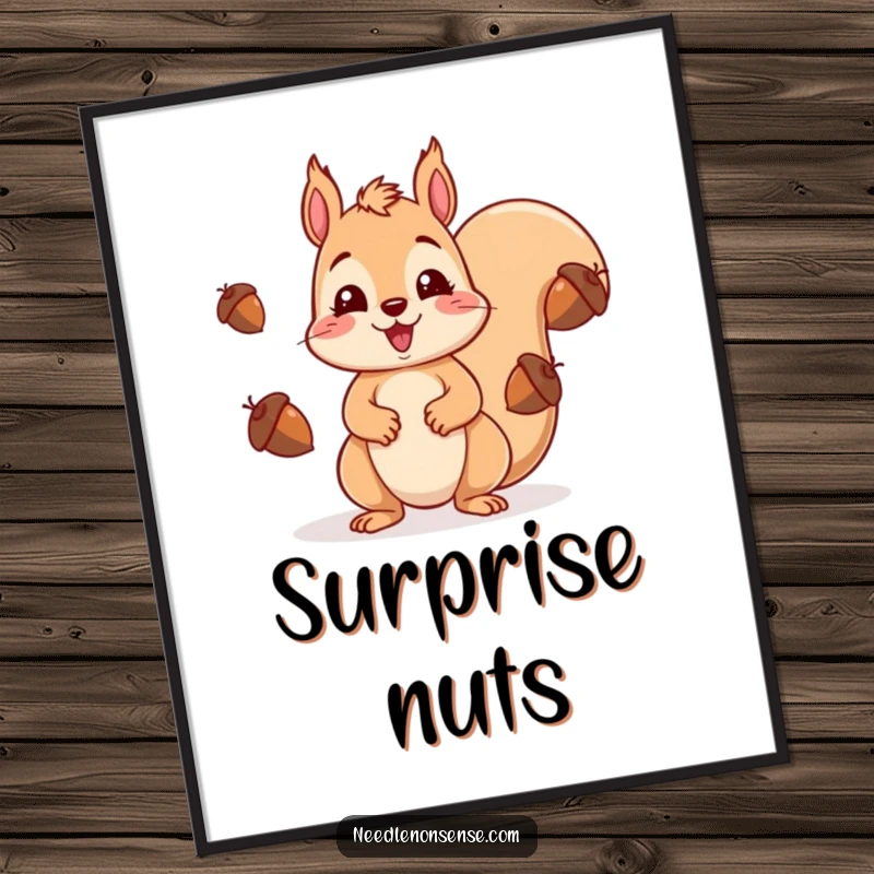 Funny kawaii squirrel juggling acorns with a surprised face, perfect for a downloadable digital art print.