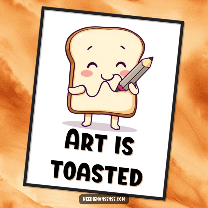 Funny Digital Art Print: A smiling toast character drawing a squiggle with a giant pencil, offering instant artistic amusement.