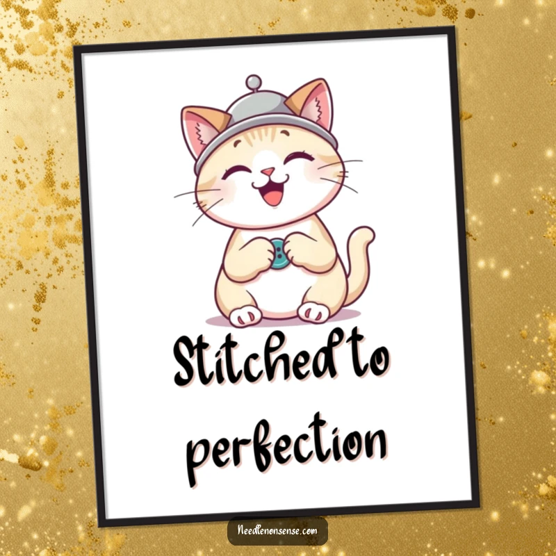 Funny cat wearing a thimble hat sewing a button, a charming digital art print for craft enthusiasts.