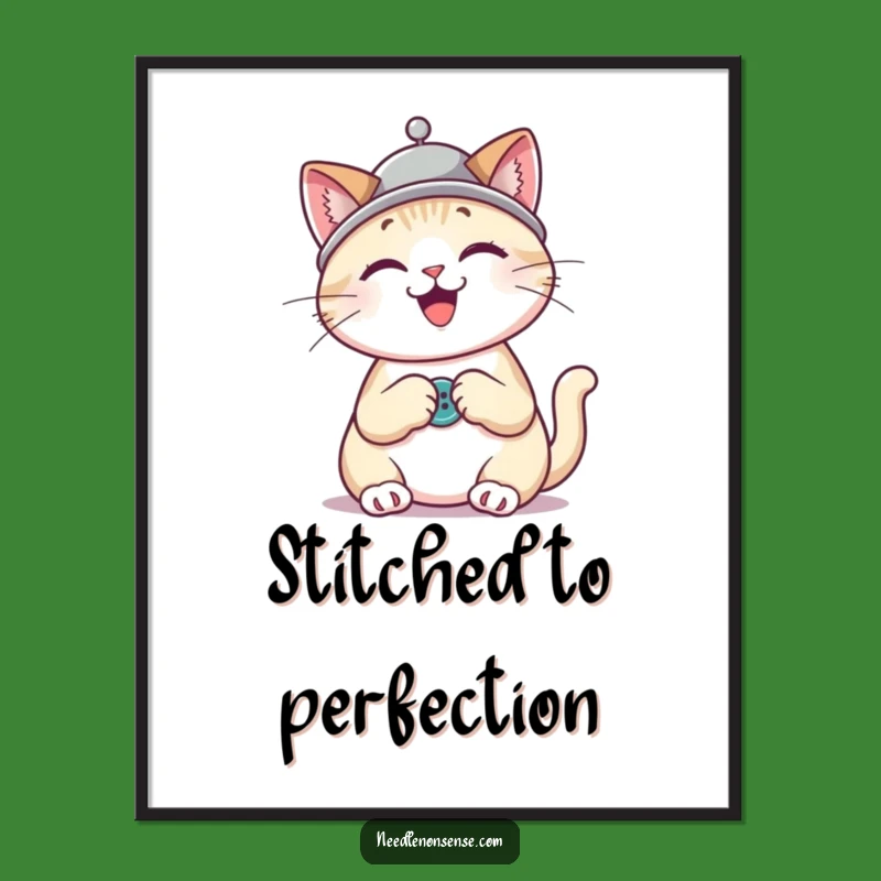 Funny Cat Sewing Digital Art: Thimble Hat Kitty, Instant Humorous Decor for Crafters