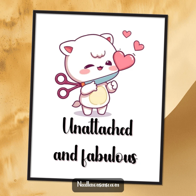 Funny Digital Art Print: Mischievous character playfully cutting a floating heart with scissors, ready to be printed and displayed.