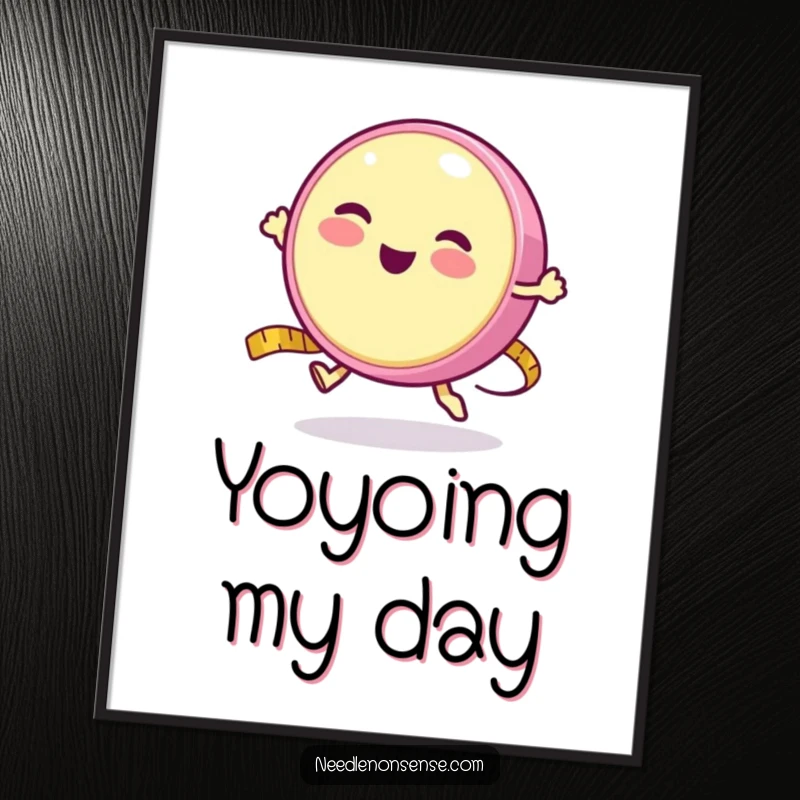 Funny digital art print of a round measuring tape character happily bouncing like a yo-yo, embodying playful precision.